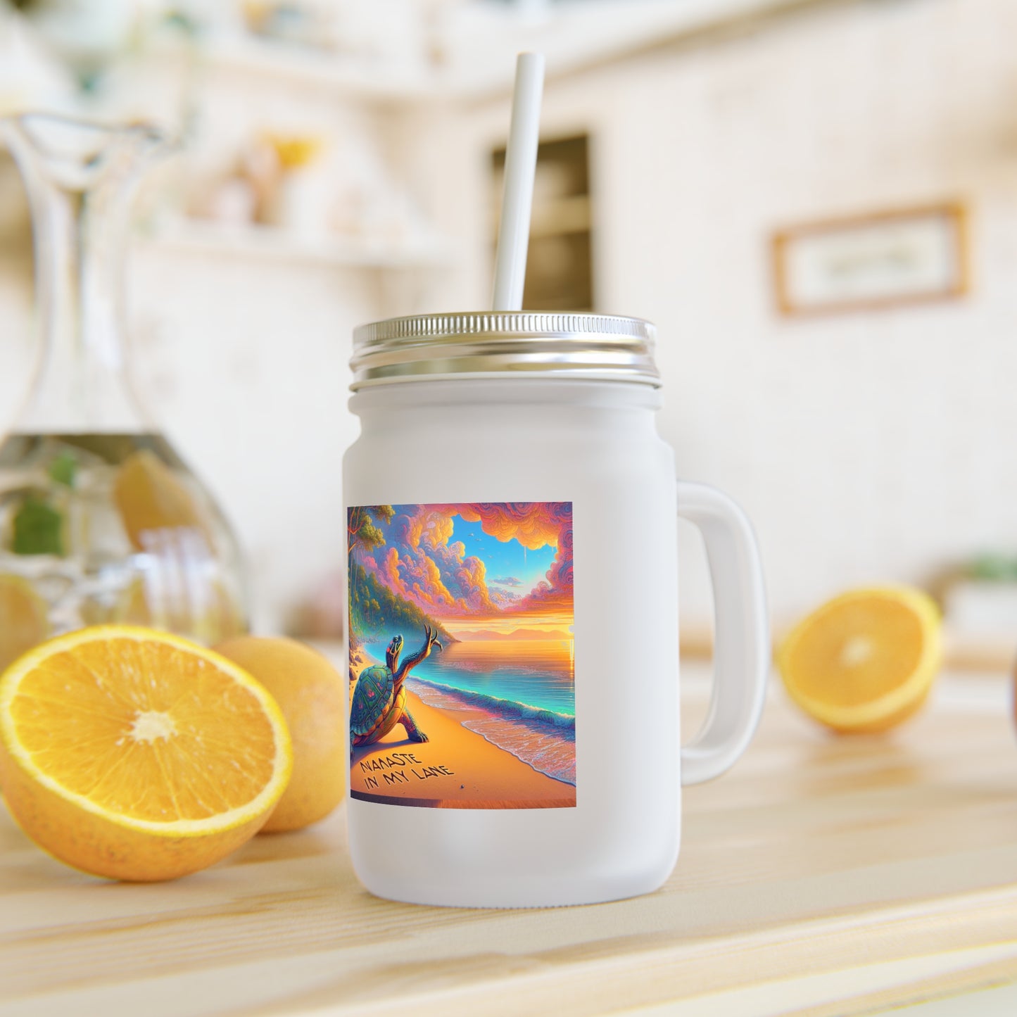 🐢 "Namaste Stay in My Lane" - Beach Vibes Frosted Mason Jar with Straw
