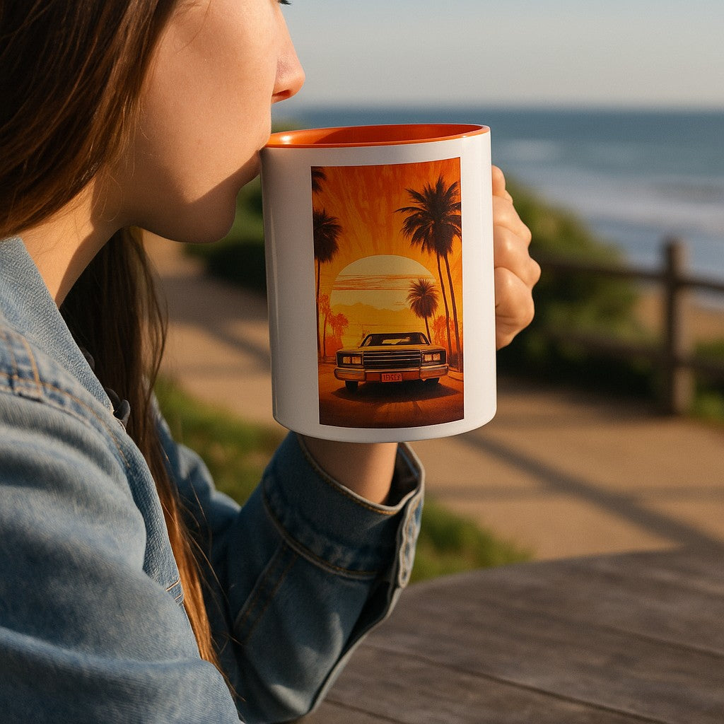🌴 Retro Sunset Vibes – Color Accent Ceramic Mug (11oz)