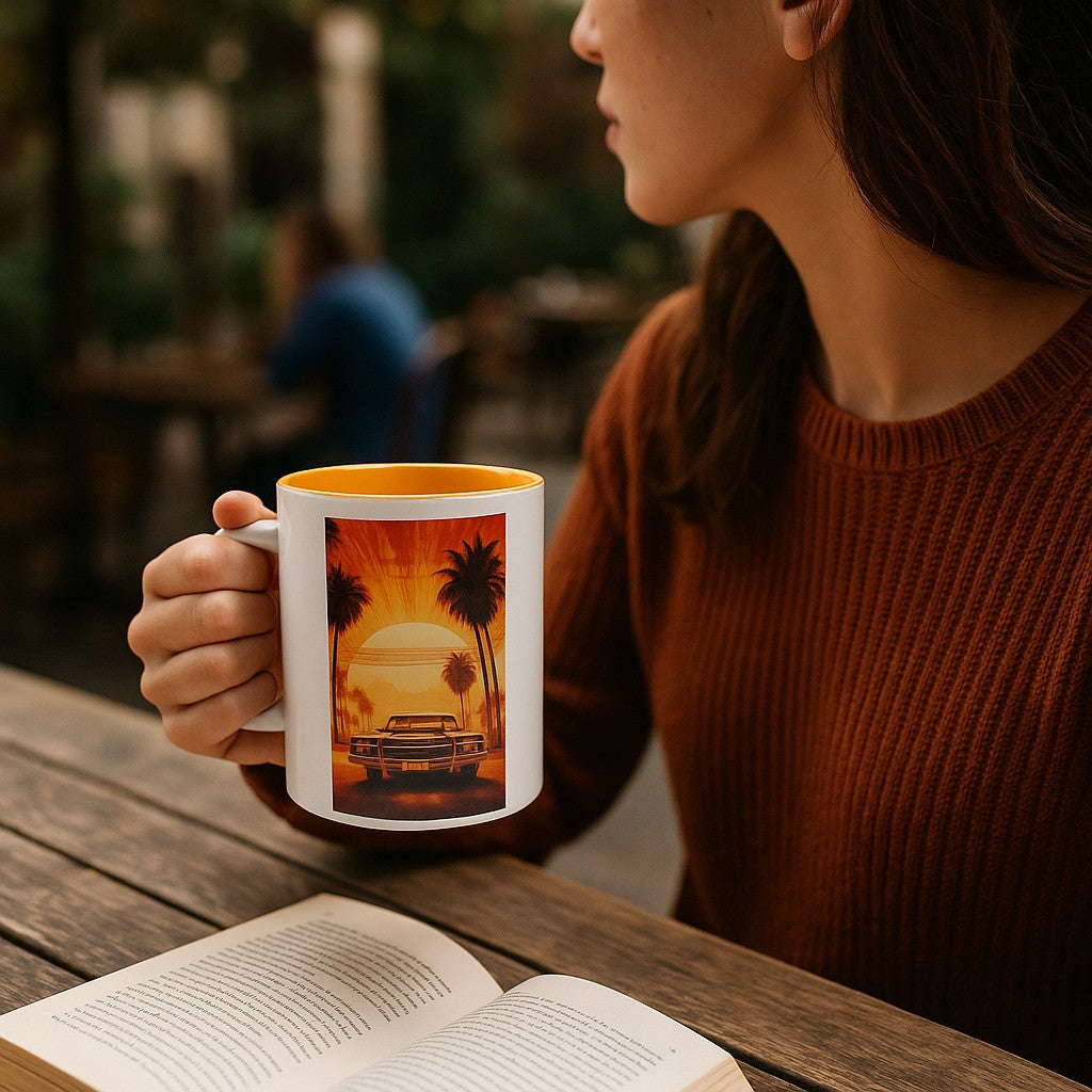 🌴 Retro Sunset Vibes – Color Accent Ceramic Mug (11oz)